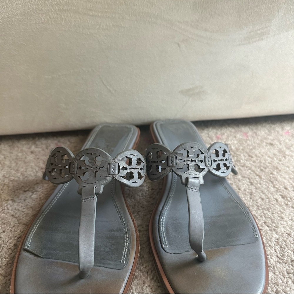 Tory Burch Light blue  Leather Cutout Medallion Thong Sandals